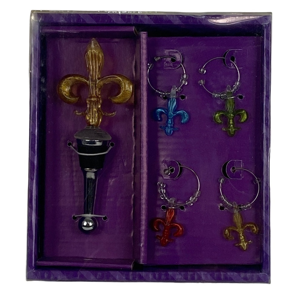 Wine Accessories 5-Piece Set Medieval Art Glass Wine Stopper‎ and 4 Charms NEW